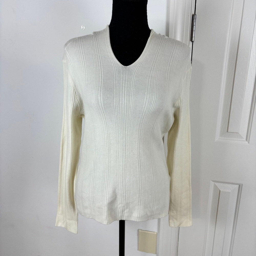 REISS Chloe Ribbed Hoodie Cream V Neck Long Sleeve Lightweight Pullover Sweater